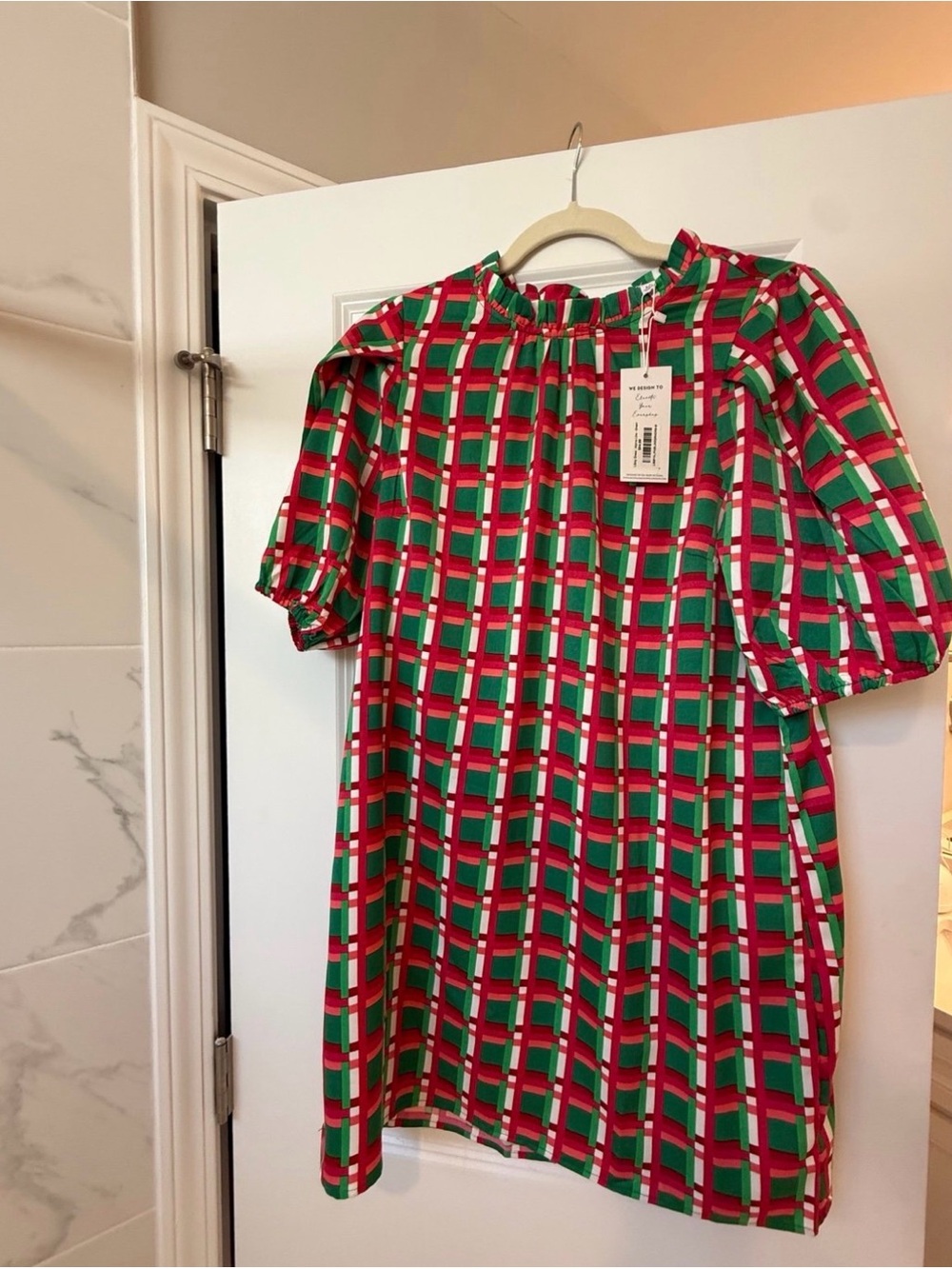 Plaid Puff-Sleeve Midi Dress in Red and Green